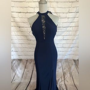 Colette Mon Cheri high neck halter open back lace jersey dress navy size 4